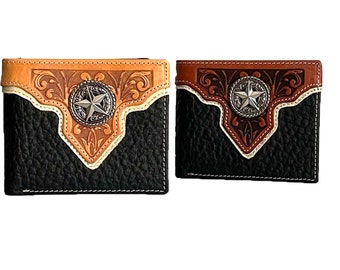 Mens leather short bi-fold western Texas star concho wallet floral tooled cowboy small wallet