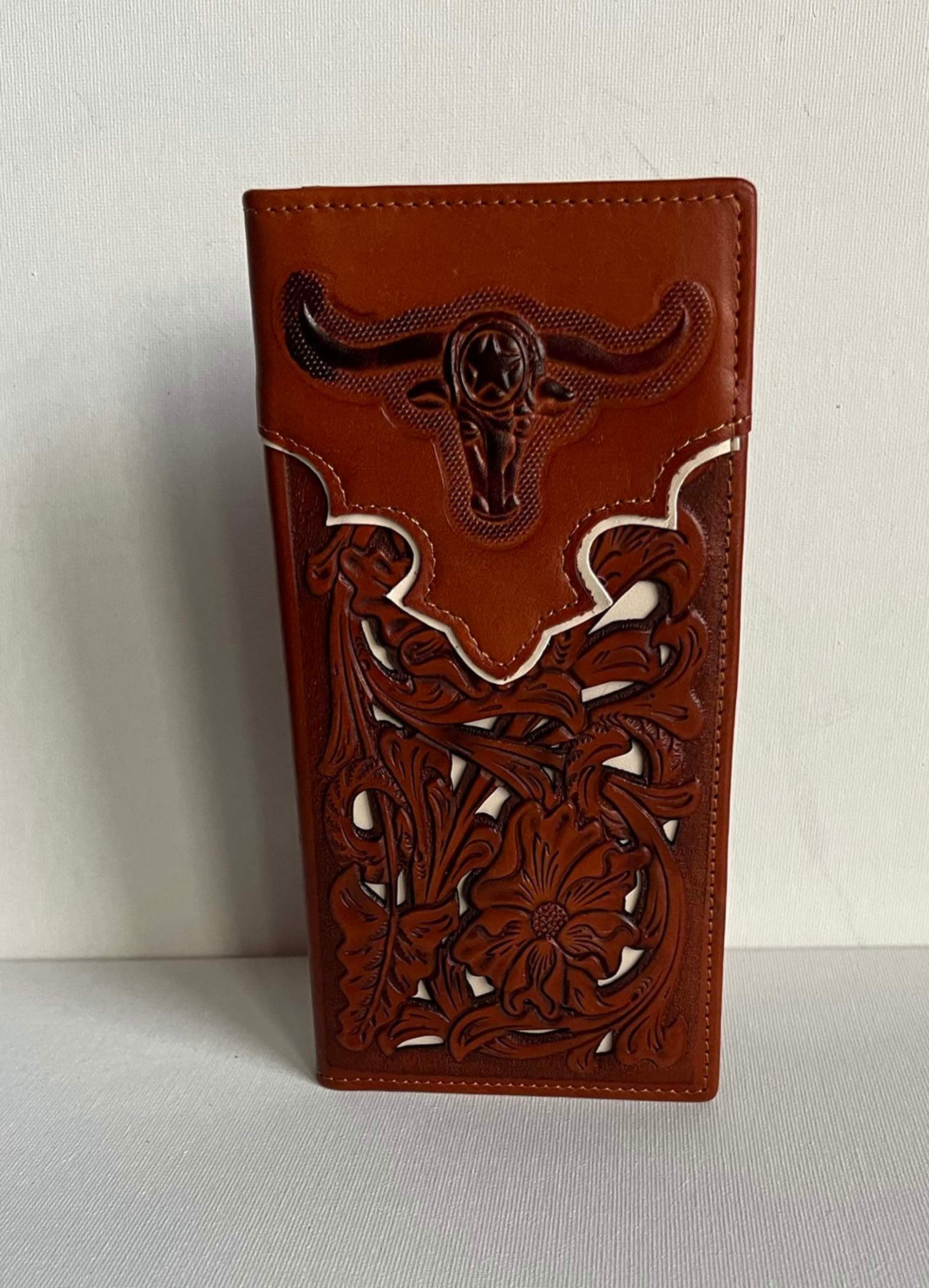 Men Western Long Wallet Cowboy Floral Tooled Leather Checkbook Texas