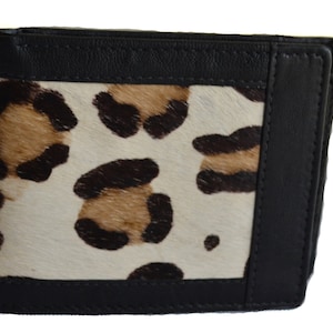 Cartera de cuero para hombre pequeña bi-fold para hombres cartera con estampado de leopardo negro cartera de identificación bolsillo pequeña cartera de piel bronceado