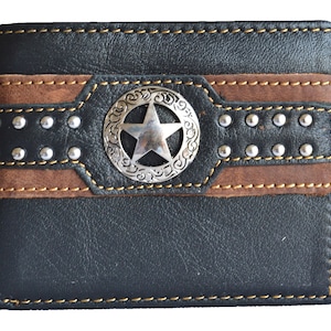 Leather wallets for men short bi-fold wallet western cowboy Texas star wallet men stud wallet black small bi-fold