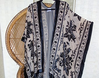 Velvet kimono, fringe jacket, beach cover-up, devore kimono, festival wear, floral kimono, kimono jacket, black velvet