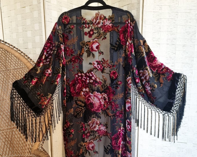 Velvet Kimono, Gifts for Her, Kimono Jacket, Fringe Kimono, Fringe