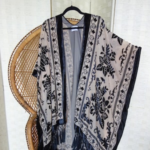 Velvet kimono, fringe jacket, beach cover-up, devore kimono, festival wear, floral kimono, kimono jacket, black velvet