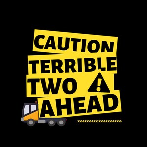 May include: A yellow caution sign with black text that reads "CAUTION TERRIBLE TWO AHEAD" with an exclamation point. A yellow truck with a black outline is driving under the sign.