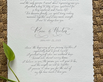 11x14in Vows in Cotton Paper Calligraphy, Handwritten Love Letter