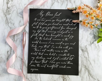 8.5x11in Handwritten letters, Black paper, Calligraphy Wedding Vows, Valentine’s Day Letter, Anniversary, Love Letter, Poems, Christmas gift