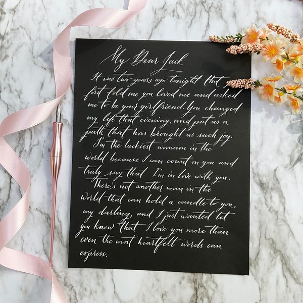 8.5x11in Handwritten letters, Black paper, Calligraphy Wedding Vows, Valentine’s Day Letter, Anniversary, Love Letter, Poems, Christmas gift