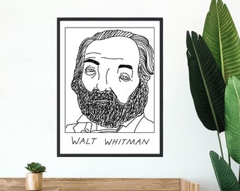 Op de afbeelding: Zwart-witte lijntekening van Walt Whitman, een beroemde Amerikaanse dichter. De tekening is ingelijst in een zwart frame en de tekst "WALT WHITMAN" staat onder de tekening.