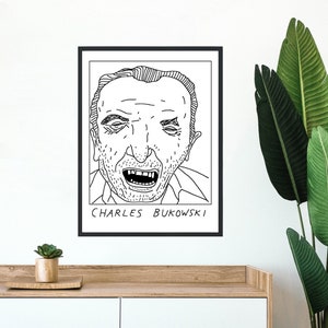 Puede incluir: Dibujo en blanco y negro de Charles Bukowski, un famoso escritor estadounidense, con una leyenda que dice "CHARLES BUKOWSKI".
