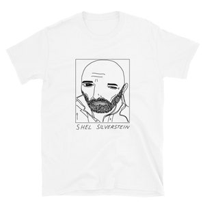 Puede incluir: Una camiseta blanca con un dibujo en línea negra de la cara de un hombre con barba. El texto "SHEL SILVERSTEIN" está debajo del dibujo.