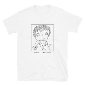 Puede incluir: Un dibujo en blanco y negro de David Graeber, un conocido antropólogo y activista. El dibujo está en un marco cuadrado con el texto "DAVID GRAEBER" debajo.