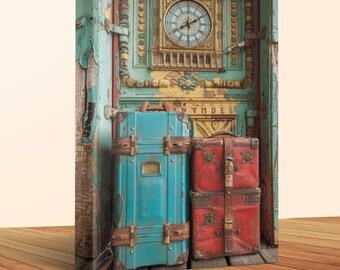 Vintage Travel Suitcases Wall Art, Colorful Retro Luggage Print, Antique Clock Tower Photography