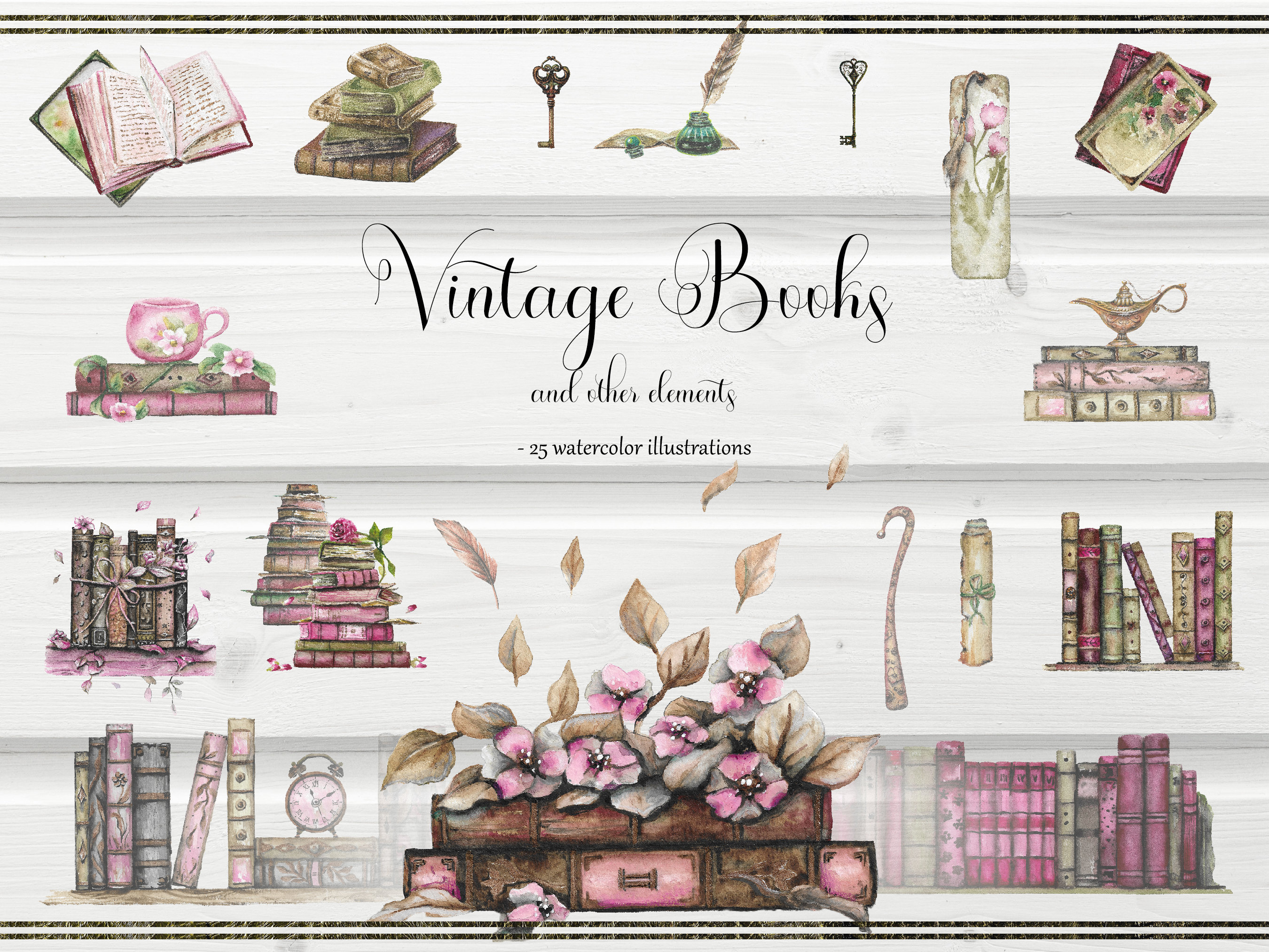 Watercolor books old vintage, 15 cliparts png