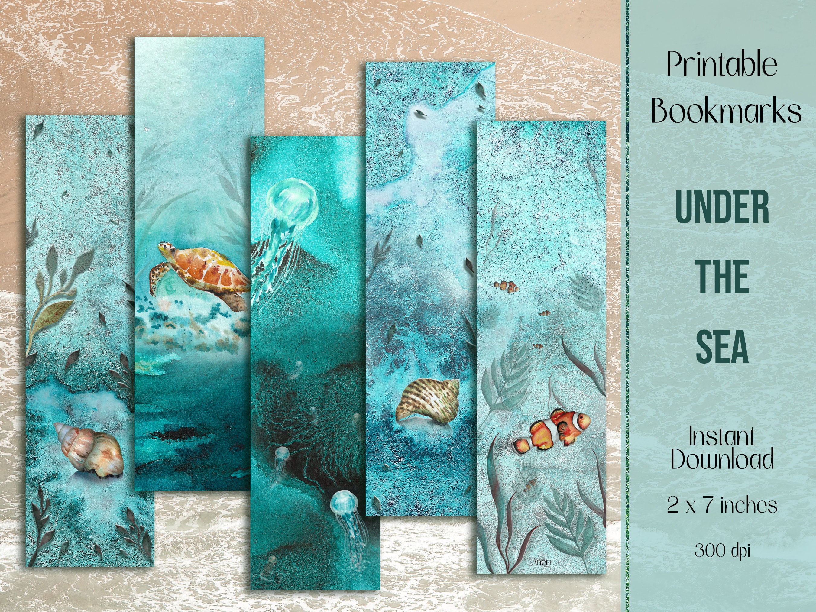 Watercolor Under the Sea Bookmarks: Sea Turtle, Jellyfish (digital ...