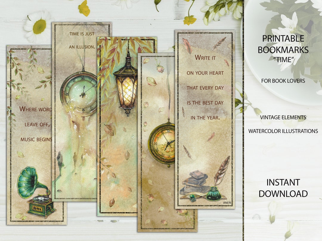 Printable Bookmarks With Watercolor Illustrations, Vintage Digital PNG ...
