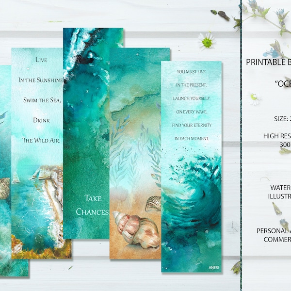 Printable Bookmarks with Watercolor Illustrations, Sea, Ocean Design, Blue Underwater Theme, Instant Download, Turquoise and Orange, Labels