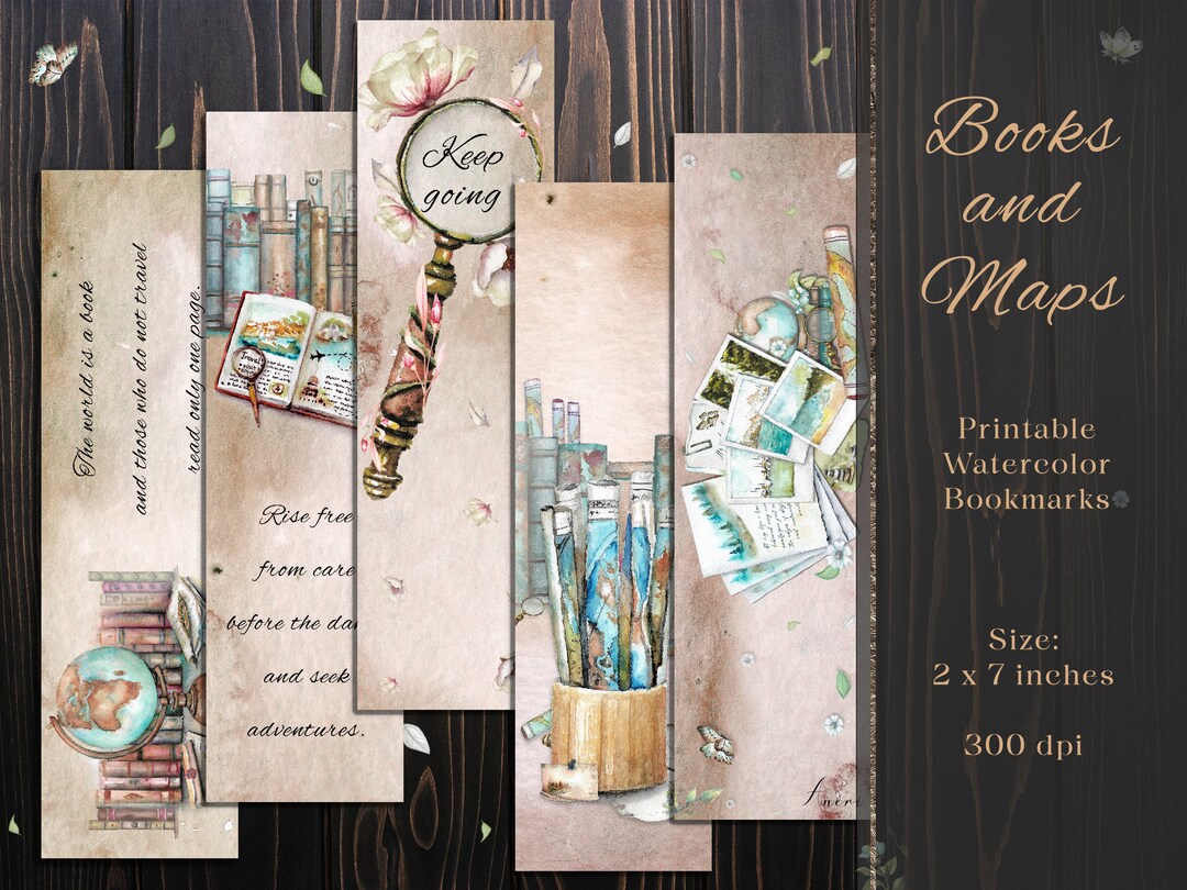 Books and Maps Digital Bookmarks, Vintage Travel Printable Bookmarks ...