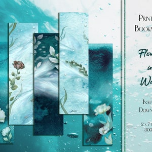 Printable Bookmarks "flowers in Water", Digital Download, Turquoise ...
