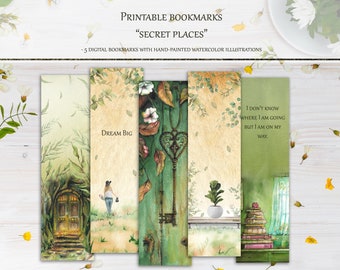 Digital Bookmarks "Secret Places", Printable PNG Bookmarks, Labels, Green, Fantasy, Dream Big, Small Commercial Use, Watercolor, Book Lovers