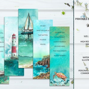 Printable Bookmarks with Watercolor Illustrations, Summer, Sea Bookmark, Turquoise Water Theme, Instant Download, Set of 5, Ocean, Download