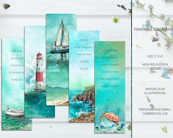 Printable Bookmarks with Watercolor Illustrations, Summer, Sea Bookmark, Turquoise Water Theme, Instant Download, Set of 5, Ocean, Download
