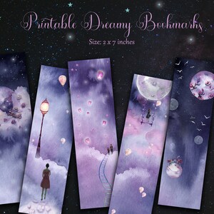 Verträumte druckbare Lesezeichen, digitale Fantasy-Lesezeichen, Träume, Buchliebhaber, lila und blau, Aquarell-Fantasy-Kunst, Galaxie, Planeten, Lichter