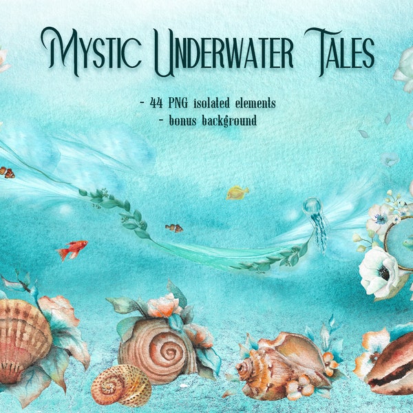 Underwater and Ocean Watercolor Clipart, Mystic Whimsical Seashells, Hand-painted PNG Watercolor Leaves, Sea, Jellyfish, Fish Clip Art Set