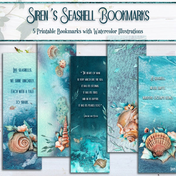 Seashell and Underwater Digital Bookmarks, Deep Blue Sea, Watercolor Ocean Bookmark, Waves and Leaves, Turquoise Oceans Labels Set, Gift Tag