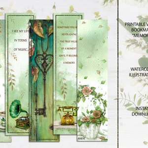 Printable Vintage Bookmarks, Watercolor Illustrations, Antique Tags, Scrapbook Quotes, Digital Bookmark PNG, Instant Download, Colorful Tags