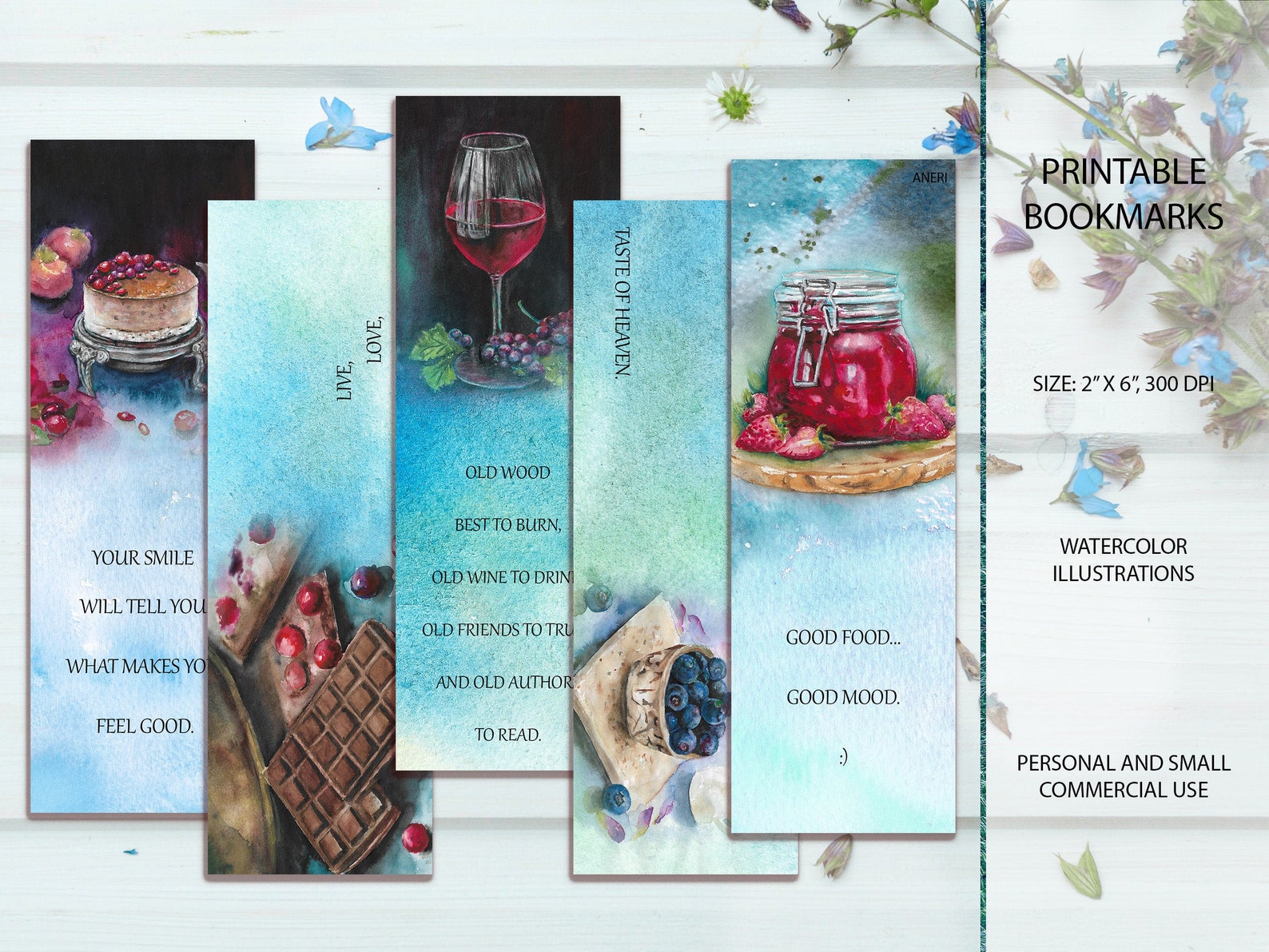 Printable Bookmarks With Food Watercolor Illustrations, Dessert Cards ...