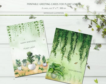 Printable Greeting Cards with Plant Illustrations, Floral Design, Greenery, House Plants Tags, Instant Download, Digital Happy Birthday Card