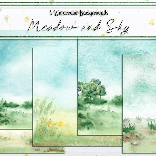 Meadow and Sky, 5 Digital Watercolor Soft Backgrounds, Hand Painted Watercolor Landscape, Printable Textures, Green and Blue Scenery, Papers