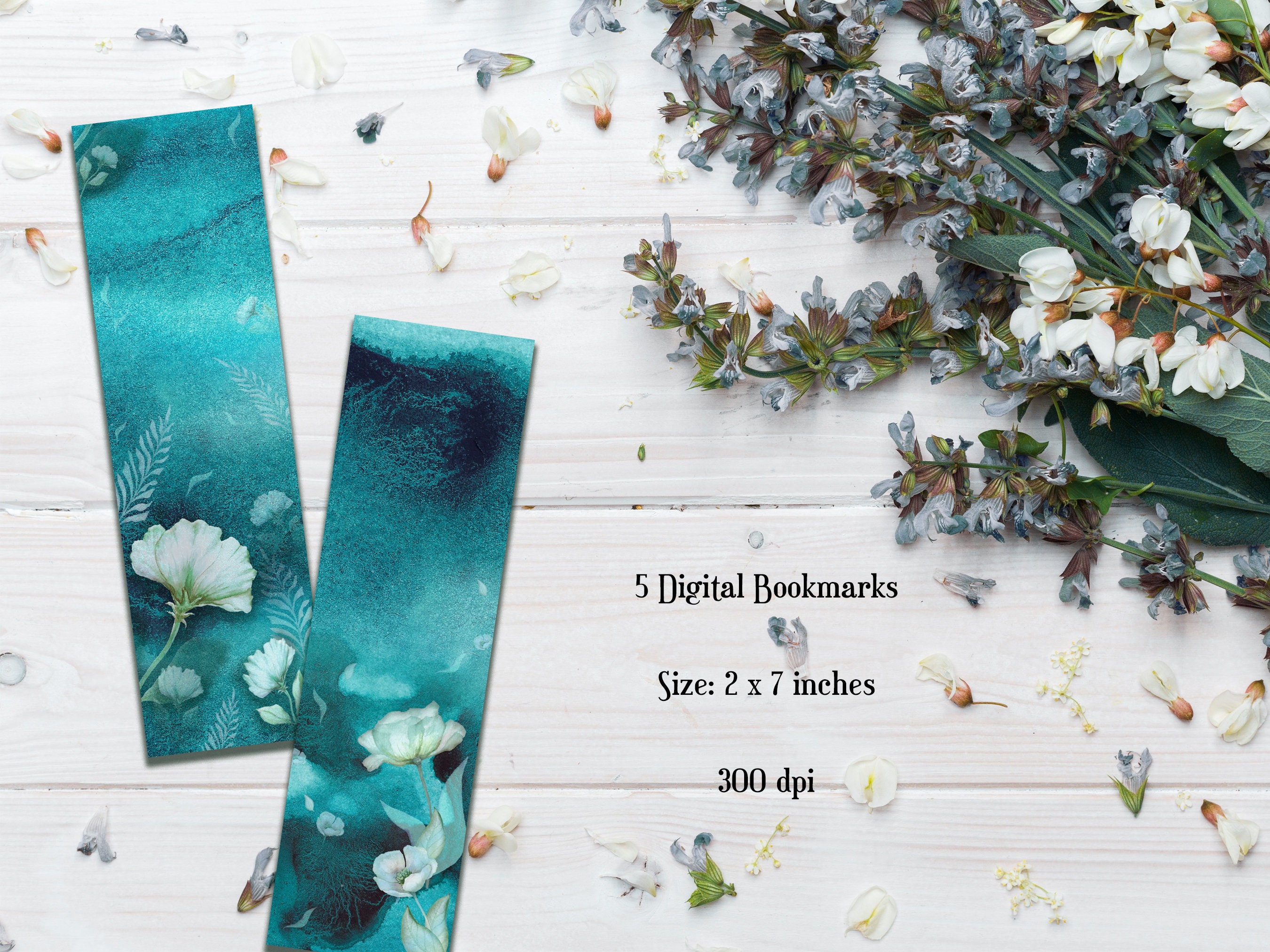 Printable Bookmarks "flowers in Water", Digital Download, Turquoise ...