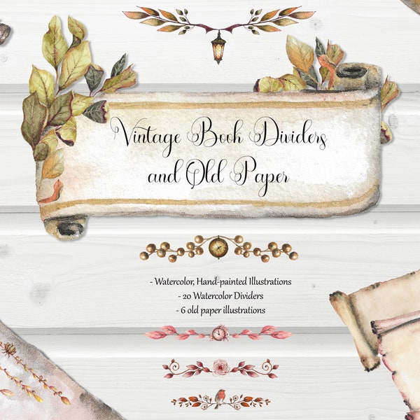 Vintage Book Dividers and Old Paper Scrolls, Watercolor Old Texture, Vintage Paper, Dividers, Old Books, Watercolor Elements, Parchment