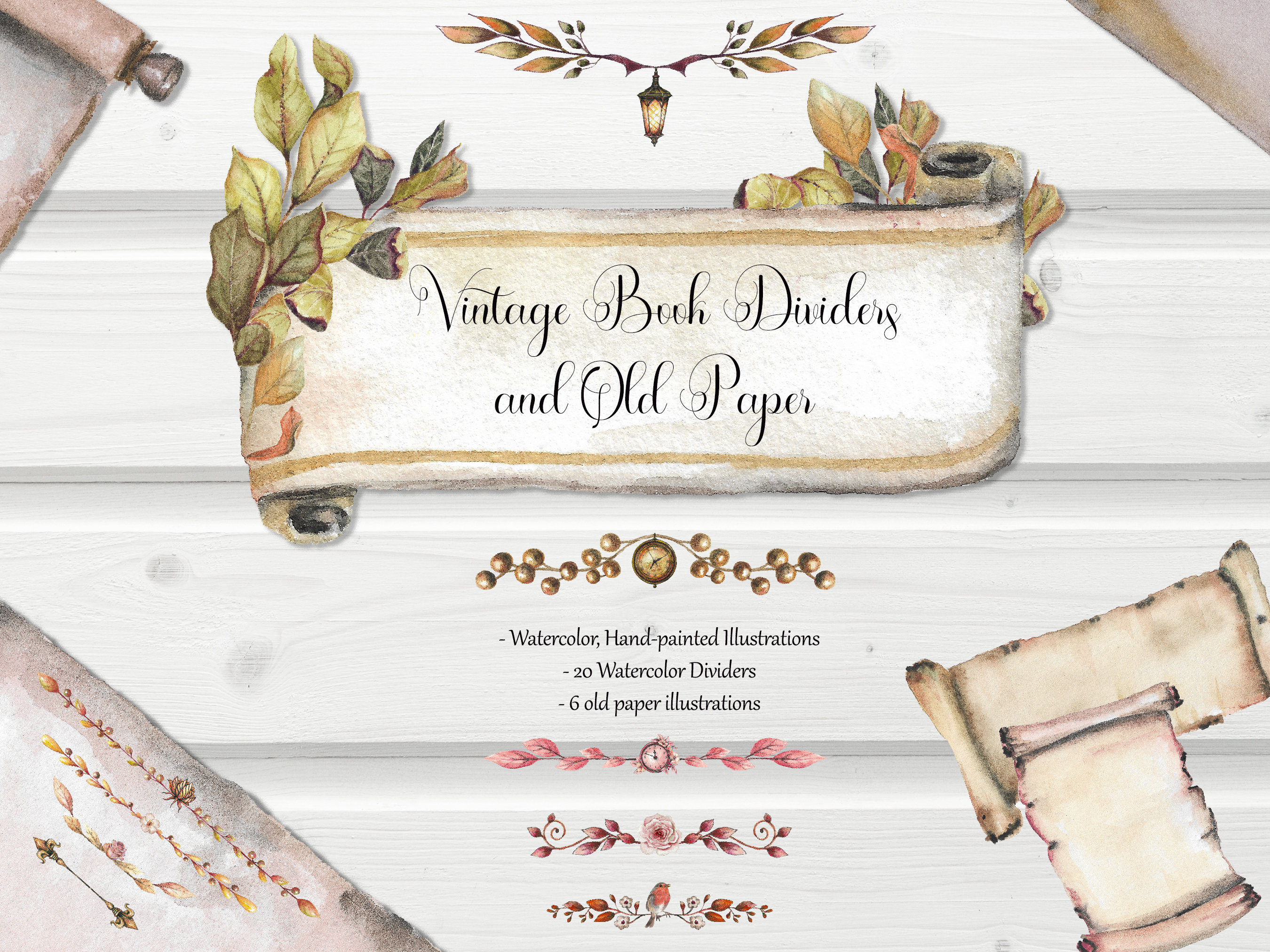 Watercolor Paper Scrolls Clipart, Inkwell Clipart, Ancient Vintage