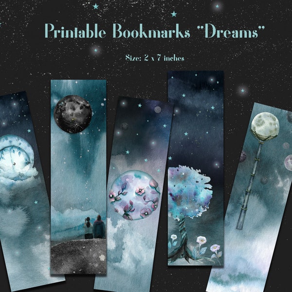 Dreamy Printable Bookmarks, Fantasy Bookmarks Set, Dreamy Labels, Dreamers, Book Lovers, Digital Bookmark, Galaxy and Clouds, Blue, Silver