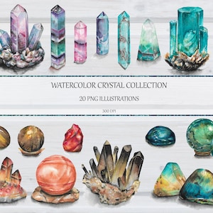 Watercolor Crystals Clipart, Turquoise, Purple and Brown PNG Crystal Illustrations, Watercolor Birthstones Collection, Commercial Use Bundle
