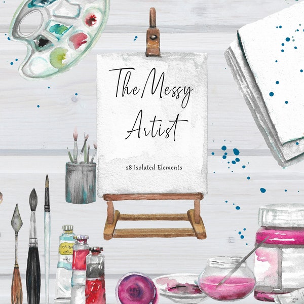 The Messy Artist Watercolor Clipart, Artist ClipArt, Hand Painted Watercolor Art Supplies, Paint Brush, Painting Tools, Craft Supplies Set