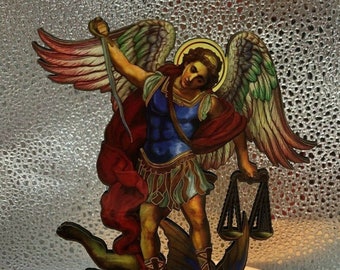Saint Michael The Archangel 6" Laser Image on Thin Wood Statue, New
