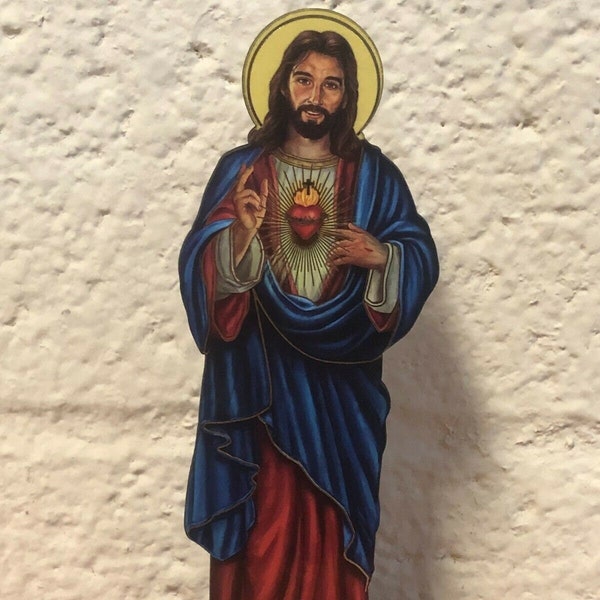 Sacred Heart of Jesus 6" Laser Image on Thin Wood Statue, New