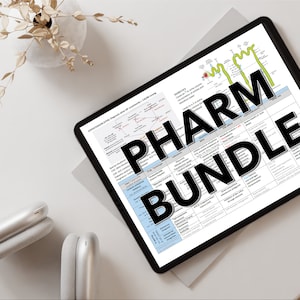 May include: A digital tablet displaying a study guide for pharmacology with the text "PHARM BUNDLE" overlaid on the image. The tablet is on a white surface with a small potted plant and headphones.