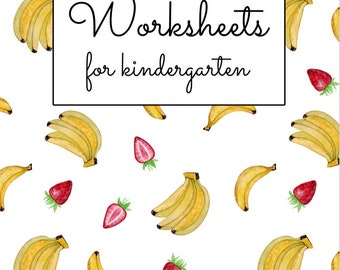 May include: A printable worksheet for kindergarten with a white background and a pattern of yellow bananas and red strawberries. The text "Worksheets for kindergarten" is in a black rectangle at the top of the page. The text "Name:" is at the bottom of the page.