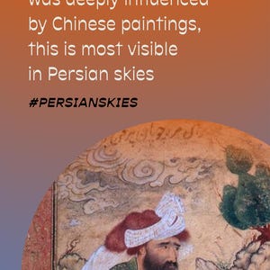 May include: A Persian miniature painting depicting a man carrying a sack on his back. The painting features a detailed depiction of the sky with swirling clouds, a common element in Persian art. The painting is framed with a brown border and the text "#PERSIANSKIES" is visible at the bottom.