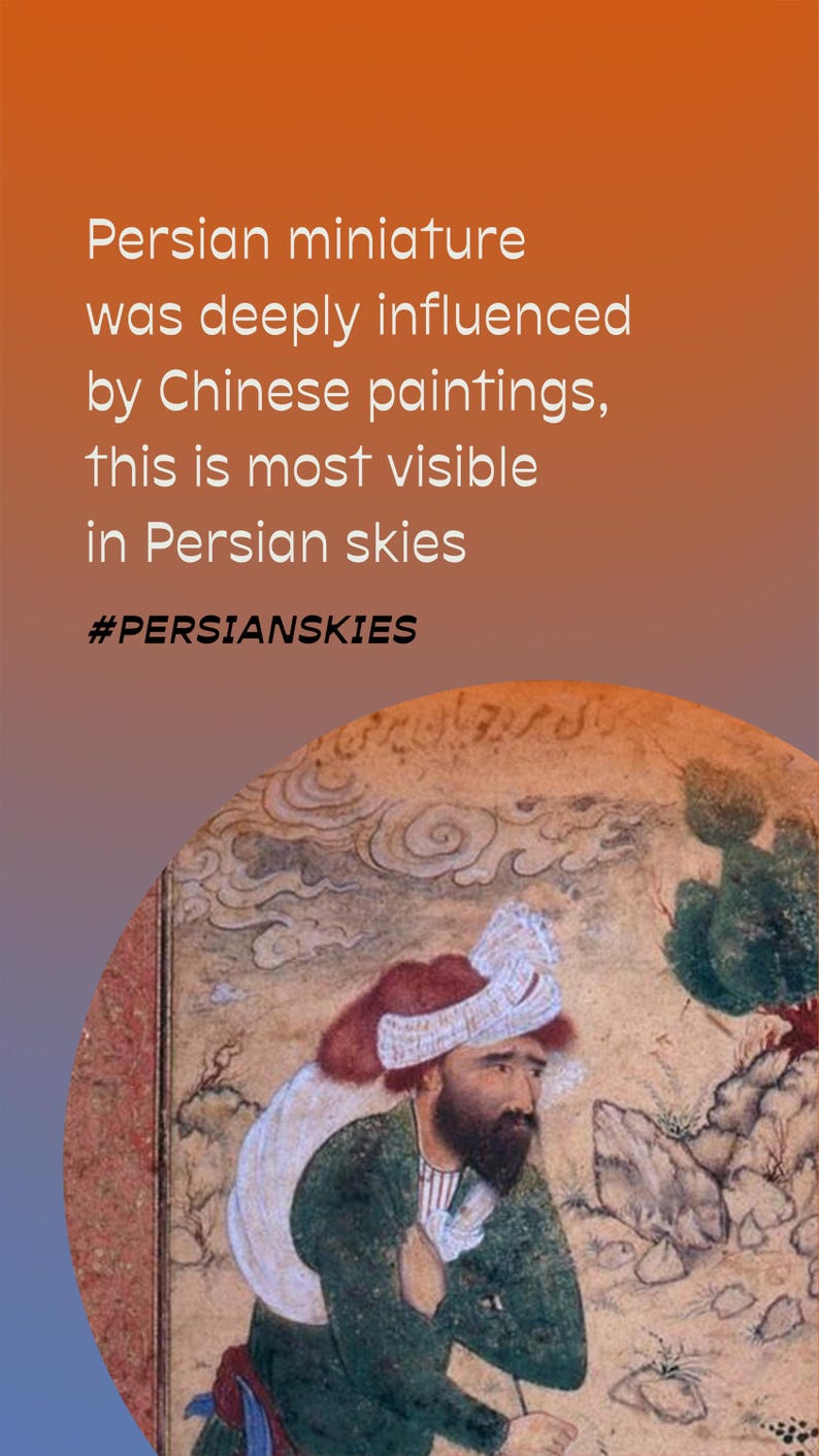 May include: A Persian miniature painting depicting a man carrying a sack on his back. The painting features a detailed depiction of the sky with swirling clouds, a common element in Persian art. The painting is framed with a brown border and the text "#PERSIANSKIES" is visible at the bottom.