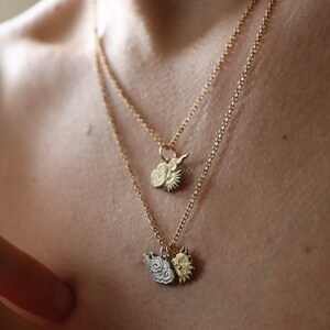 K&ouml;nnte beinhalten: Zwei goldene Halsketten mit zarten Ketten und Anh&auml;ngern. Die Anh&auml;nger sind beide Wolken- und Sonnenmotive, eines mit einem detaillierteren Design als das andere.