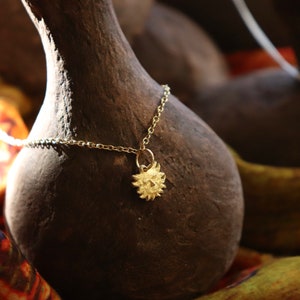 May include: A gold necklace with a sun pendant hangs on a dark brown gourd. The gourd is sitting on a colorful fabric.