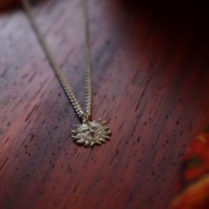 May include: A silver necklace with a sun pendant. The pendant is detailed with a face and rays.