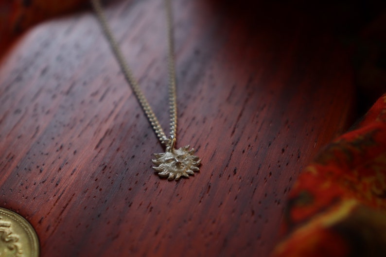 May include: A silver necklace with a sun pendant. The pendant is detailed with a face and rays.