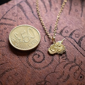 Op de afbeelding: Een gouden ketting met een bedel die een zon en wolken voorstelt. De bedel ligt op een houten oppervlak met een munt van 50 eurocent.
