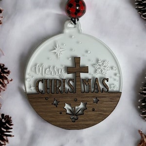 Merry Christmas, Cross Ornament; Frosted Acrylic and Wood